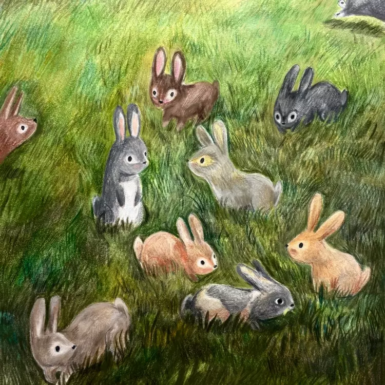 an illustration of bunnies in a field. Each illustrated bunny has a different expression and pose. The rabbits are illustrated in a mixture of gouache, watercolour, coloured pencil and procreate . This illustration would be great for a children&rsquo;s pictur